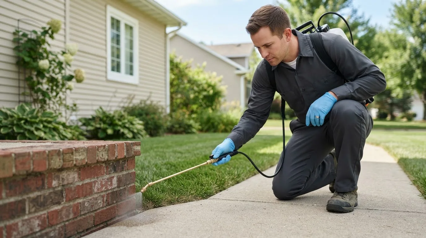 Pest control technician treating a home near Peoria, IL