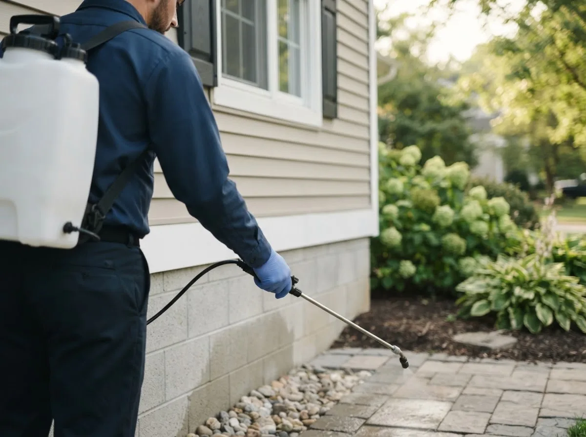 Pest control technician inspecting a home in Peoria, IL
